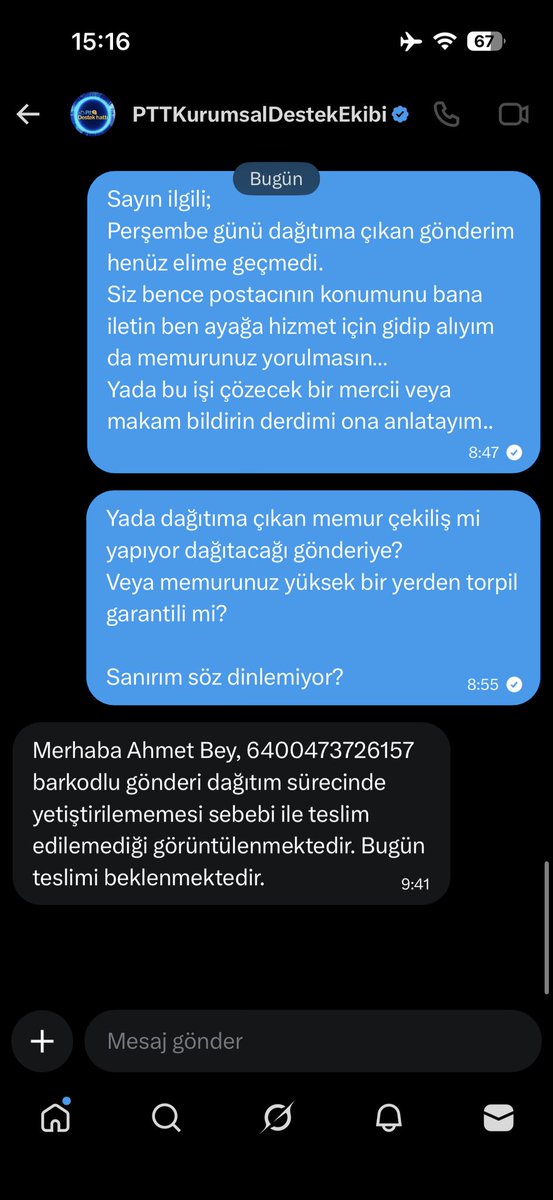 ahmettclikk's tweet photo. Perşembe gününden bu güne  kadar her gün dağıtıma çıkan PTT görevlisi beni bir türlü evde bulamıyor (muş) !!!
İletişim kurduğum @PTT_DestekEkibi her gün aynı standart kalıp mesajları kurup bir türlü çözüm de bulamıyor. Bu acizliği bir türlü anlayadım. bu rezil kurumu haketmiyoruz https://t.co/EcBhVTIefT