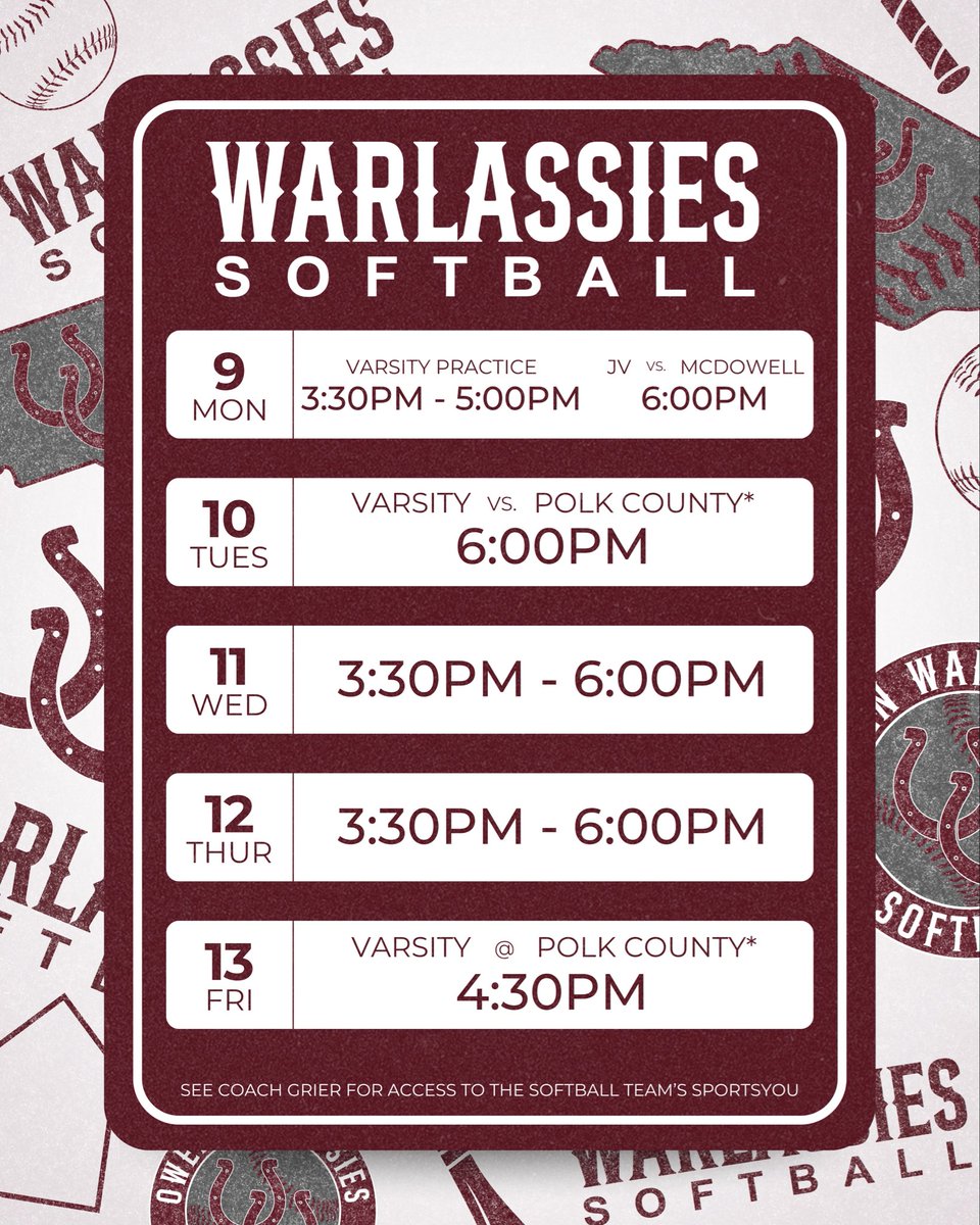 Conference games start tomorrow for your Warlassies! Check out the schedule for this week and be sure to click the link below to stock up on your Warlassies softball gear. 

bsnteamsports.com/shop/dQDhVp3asf

#RISE
