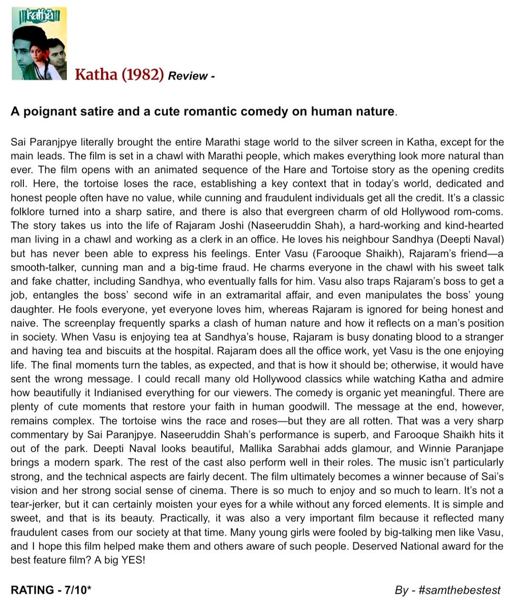 SAMTHEBESTEST_'s tweet photo. #Katha (1982) :
A poignant satire and a cute romantic comedy on human nature.
RATING - 7/10*
#saiparanjpye #NaseeruddinShah #farooqueshaikh #DeeptiNaval #MallikaSarabhai https://t.co/EOi4byDAF2