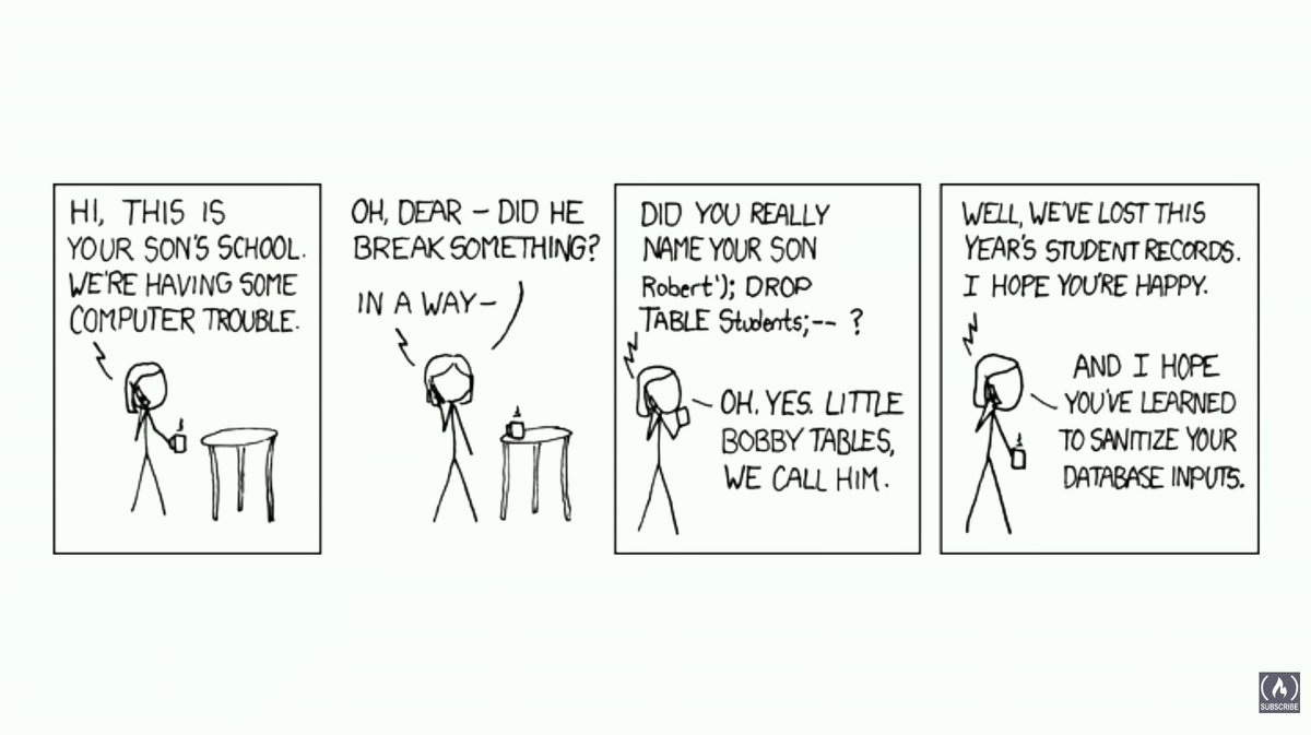 Week 8 of my CS50.

Today’s lesson came with this legendary developer meme 😂

Kid’s name: Robert'); DROPTABLE Students;--
Result? 💥 Whole school database deleted.
Moral of the story: Always sanitize your database inputs.
Funny meme. Serious security lesson.
#MLOinTech