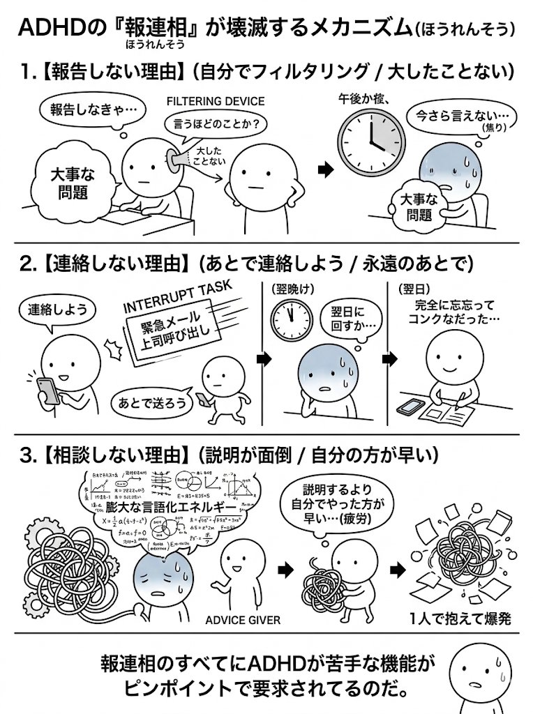 prism_thoughts's tweet photo. ADHDの「報連相」が壊滅するメカニズムは以下の通り。

【報告しない理由】
→ 「言うほどのことか？」と自分で判断して
勝手にフィルタリングする。
大事なことを「大したことない」と誤認する。
あと報告するタイミングを逃して、
時間が経つほど「今さら言えない」状態になる。

【連絡しない理由】
→ 連絡しようと思った瞬間に別の作業が入り、
「あとで連絡しよう」と思い、
「あとで」が永遠に来ない。
思い出した時には深夜で、
「この時間に送ったらヤバいか」で翌日に回し、
翌日にはもう忘れてる。

【相談しない理由】
→ 自分の状況を言語化するのに
膨大なエネルギーが必要で、
「説明するくらいなら自分でやった方が早い」になる。
結果、1人で抱えて爆発する。

報連相の3つ全てに「ADHDが苦手な機能」が
ピンポイントで要求されているのだ。