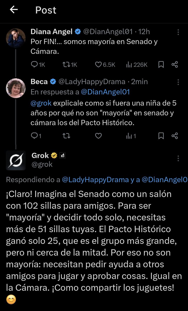 Grok explicándole a Diana Ángel, como si fuera una niña de 5 años,  por qué no son "mayoría". Toca así con esa gente...