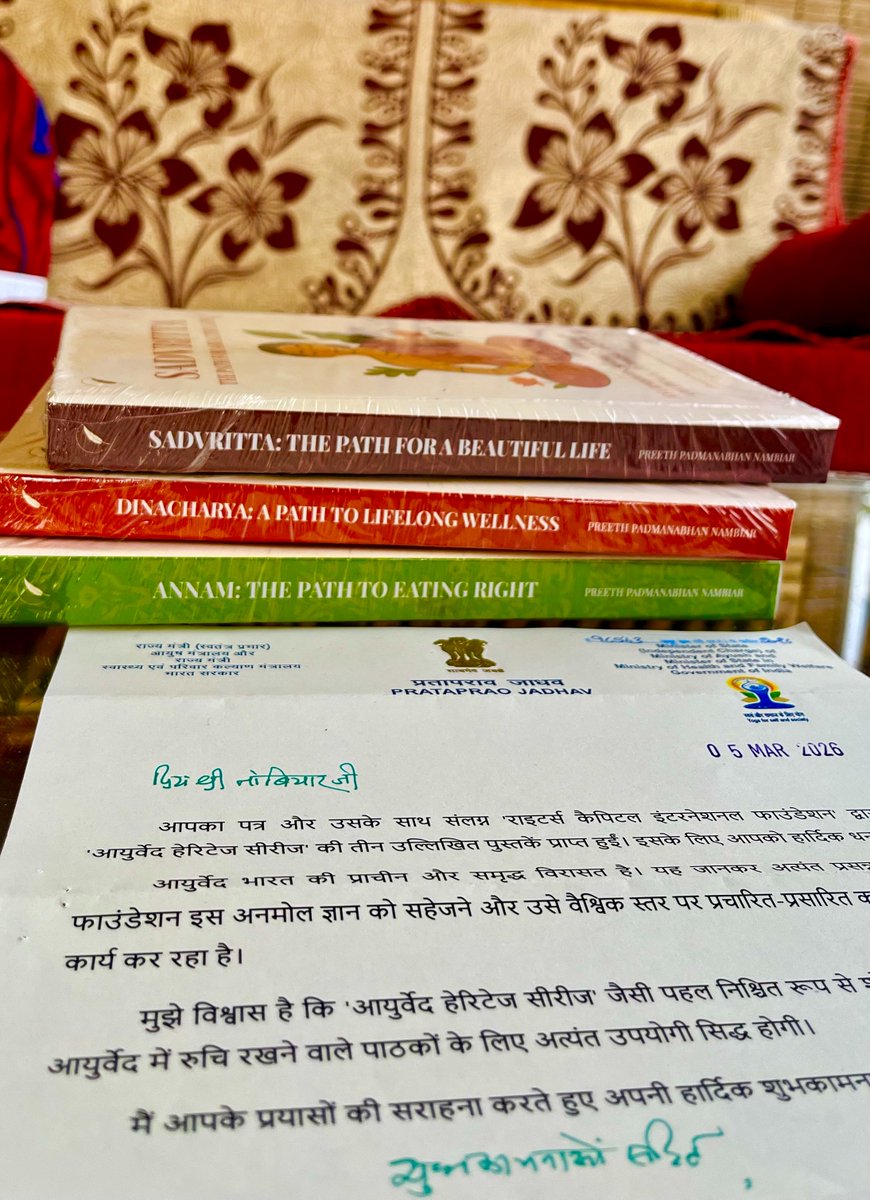 Response to #Ayurveda for Modern Living: A Trilogy of Ancient Wisdom has been deeply humbling. Honoured to receive the congratulatory letter &amp; best wishes from Hon’ble Union Minister of Ayush &amp; MoS Health, Shri Prataprao Jadhav.

#AyurvedaForModernLiving #Ayush #HolisticLiving
