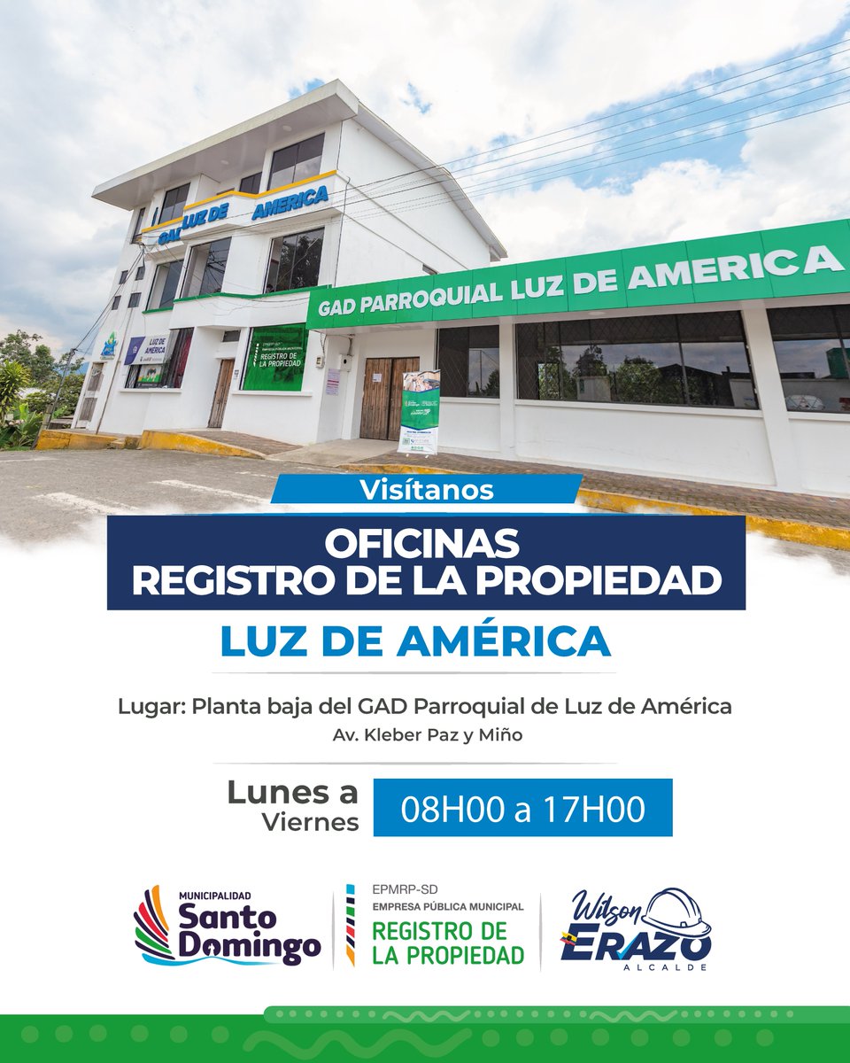RPropiedadSD's tweet photo. 🟢Atención Luz de América.

Estimada ciudadanía, les recordamos que pueden realizar sus trámites en la Oficina del Registro de la Propiedad en la parroquia Luz de América. https://t.co/2uhZde1aHv
