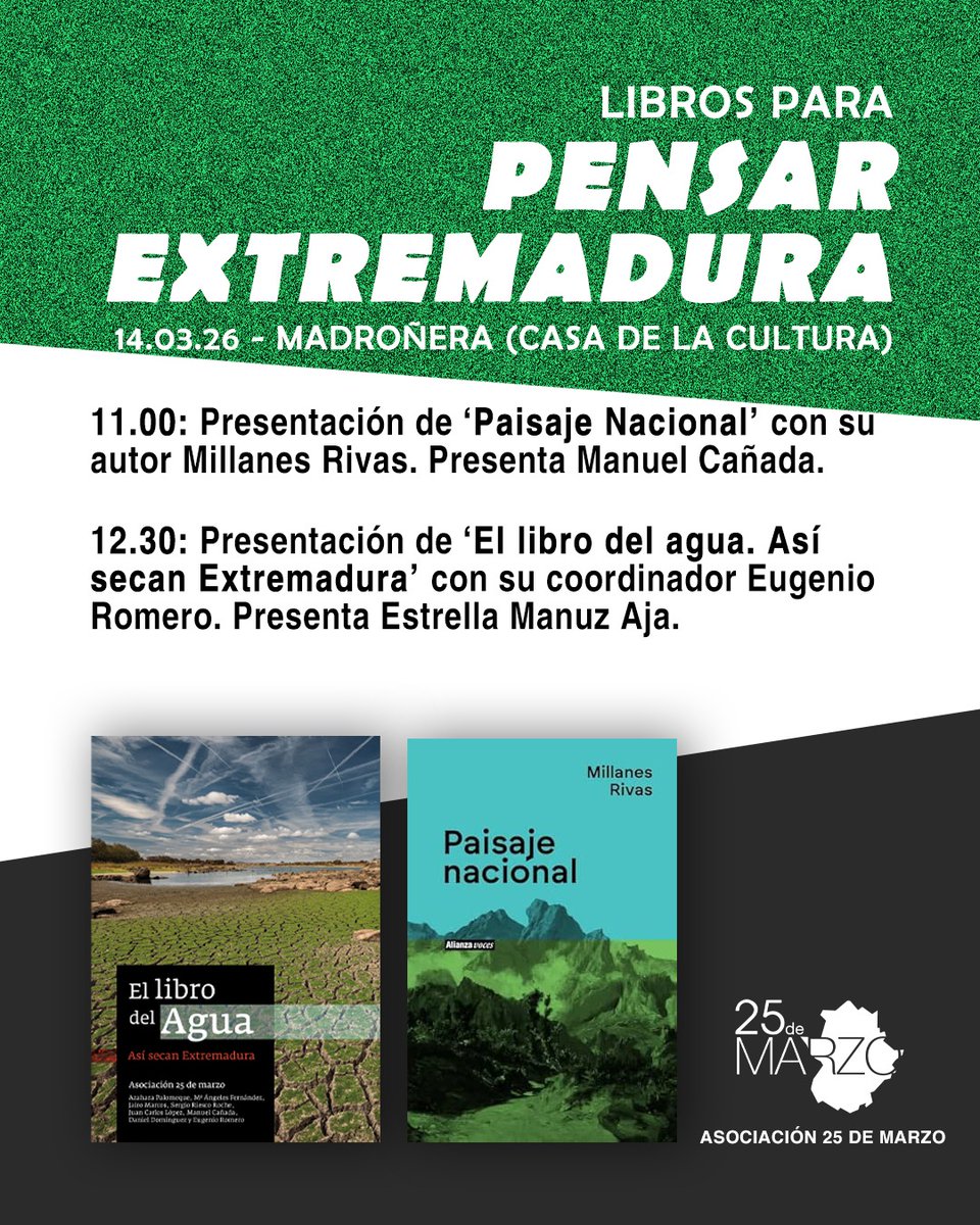 No os perdáis en Hervás la presentación del libro 'Otra Extremadura. De los belloteros al Ibarrismo.' con su autor, Manuel Cañada.
Y el sábado 'Paisaje Nacional', de Millanes Rivas y 'El libro del Agua. Así secan Extremadura' con la participación de Eugenio Romero.
¡Os esperamos!