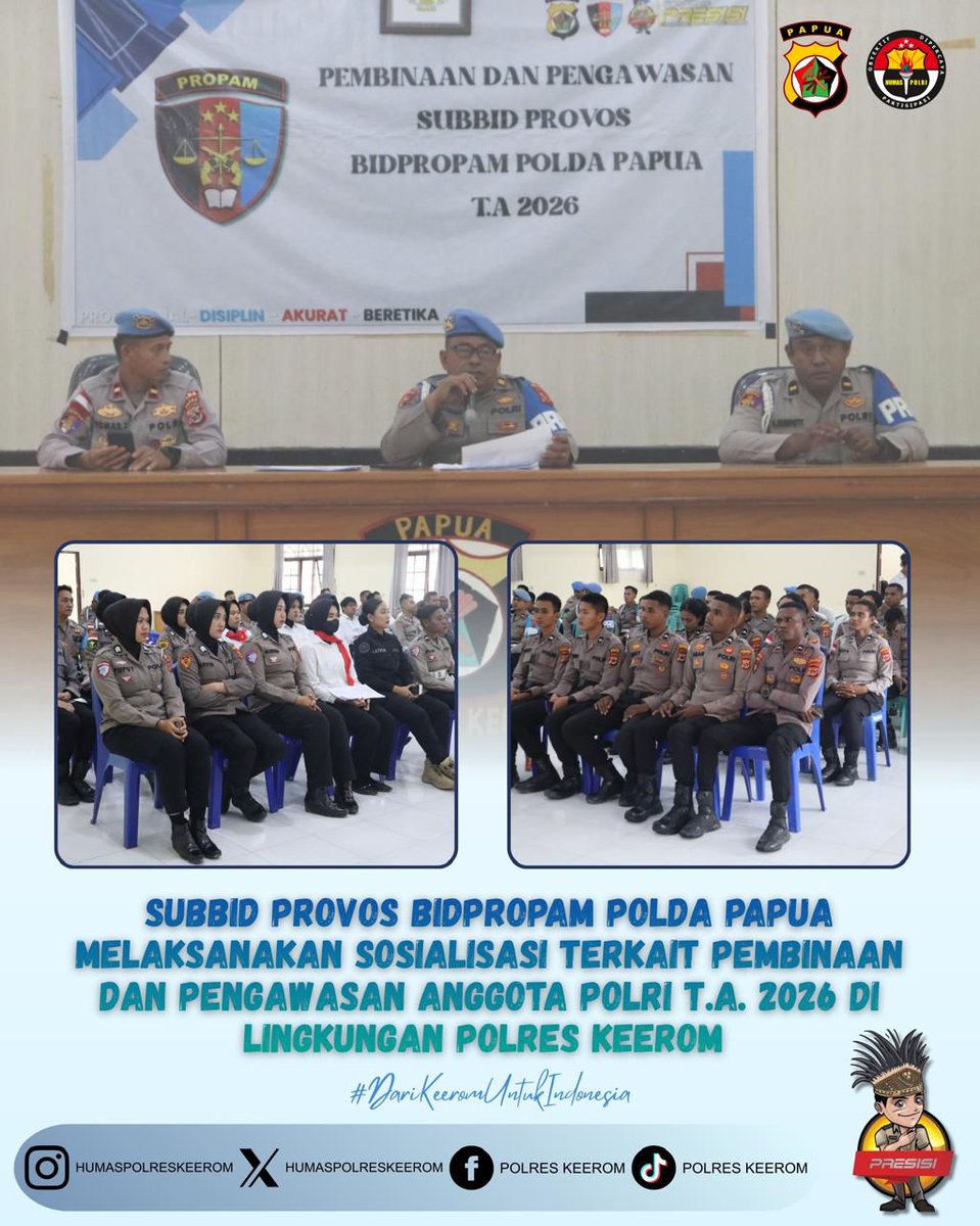 Kedisiplinan adalah kunci pelayanan prima. Melalui kegiatan sosialisasi ini, personil Polres Keerom terus dibekali dengan arahan pembinaan untuk menjaga marwah kepolisian sebagai pelindung, pengayom, dan pelayan masyarakat

#Darikeeromuntukindonesia