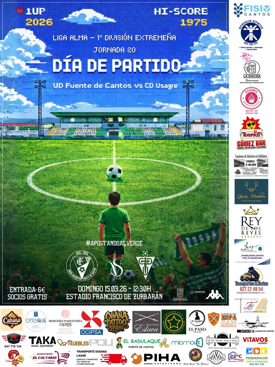 #DÍADEPARTIDO

‼️FÚTBOL ‼️ 
⚔️ Liga Alma 1ª Div. Extremeña - Jornada 20
🆚 <a href="/CDUsagreO/">CDUsagre OFICIAL</a> 
🕢 Domingo  15/03 | 12:30H
🏟️ Estadio Francisco de Zurbarán
🎟️ Entrada 6€ / SOCIOS GRATIS
🎫 Sorteo 1€
💚 OS ESPERAMOS MAREA VERDE 💚

#ApostandoAlVerde