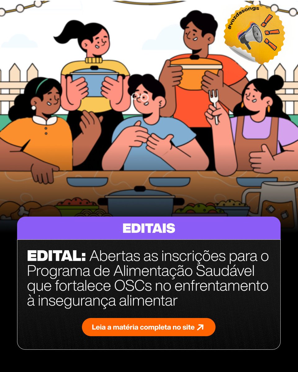 📷Momento Voz das ONGs!
Estão abertas as inscrições para o Programa de Alimentação Saudável (PAS) 2026, da Fundação Salvador Arena. A iniciativa apoia OSCs no enfrentamento à insegurança alimentar com consultoria nutricional gratuita e apoio financeiro para compra de alimentos.