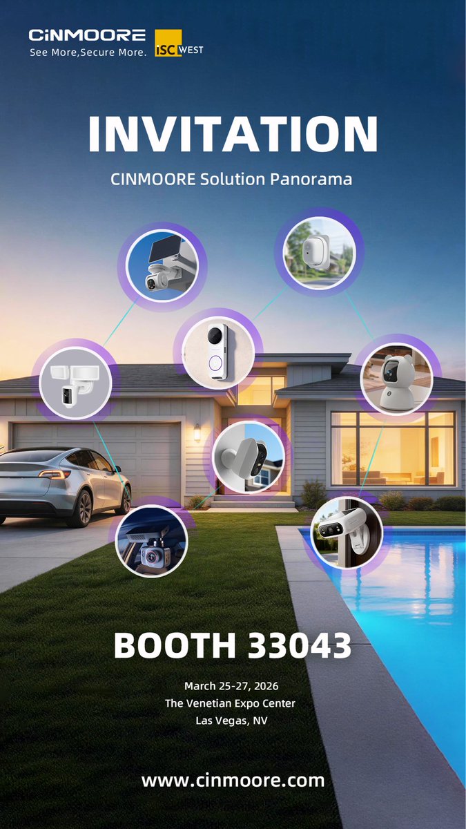 CinmooreAI's tweet photo. 👉 CINMOORE SmartCam at ISC West 2026!

📍 Booth: 33043
📅 Dates: March 25-27, 2026
🏢 Location: The Venetian Expo Center, Las Vegas, NV

🔗 More details: https://t.co/qurzeBZGAP

 #CINMOORE  #SmartCam  #ISCWest #SmartSecurity #Innovation #SecurityCamera https://t.co/dcszhSC8TG