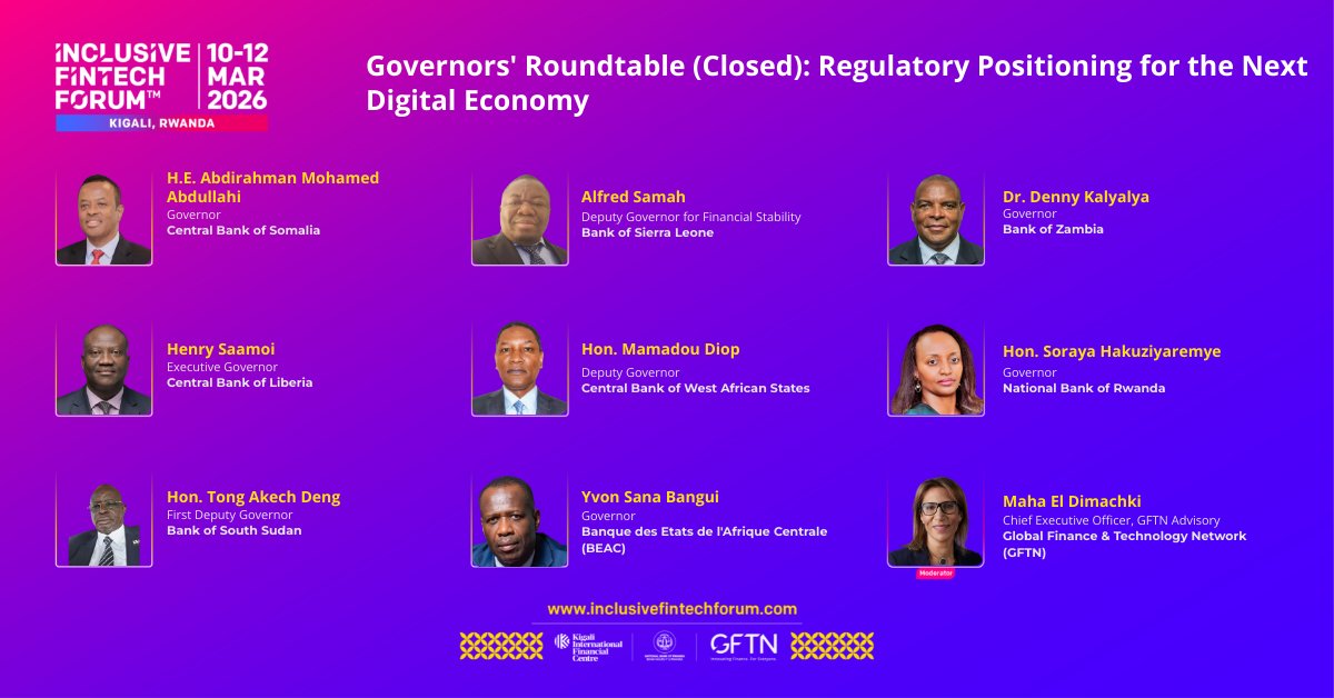 Honored to join fellow African central bank leaders at the Governors’ Roundtable of the Inclusive FinTech Forum 2026 in Kigali to discuss digital finance, innovation, and the regulatory positioning needed for Africa’s next digital economy.

#InclusiveFinTechForum2026 <a href="/gftn/">Abo-hmmam</a>