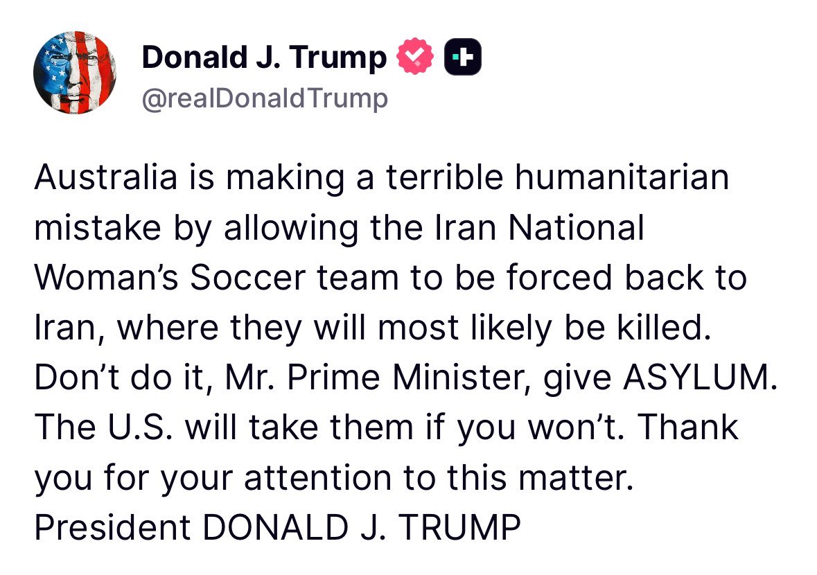 President Trump says the US will give asylum to the Iranian women’s soccer team if Australia will not. The women refused to sing the national anthem before a game and now face punishment from the government if they return to the country.