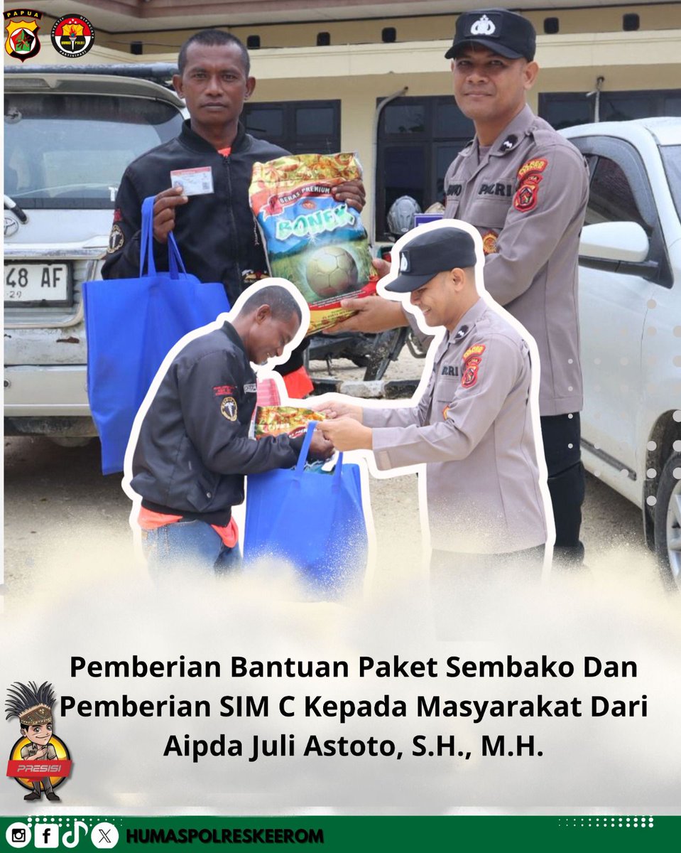 Pemberian bantuan paket sembako dan SIM C oleh Aipda Juli Astoto, S.H., M.H. merupakan wujud nyata kepedulian Polri terhadap masyarakat di Keerom

#Darikeeromuntukindonesia