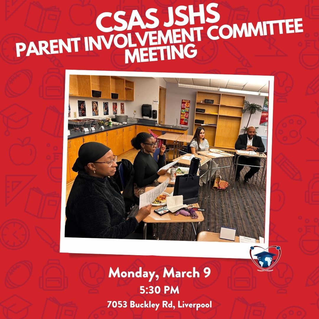 📣 Attention, #CSASCS JSHS Families!

We invite you to our Parent Involvement Committee Meeting tonight at 5:30 PM! This is a great opportunity to connect with other parents &amp; learn how you can support your #CSASAtoms' growth. Your voice matters! ⚛️

<a href="/CharterEmpire/">Empire Charter Consultants</a>