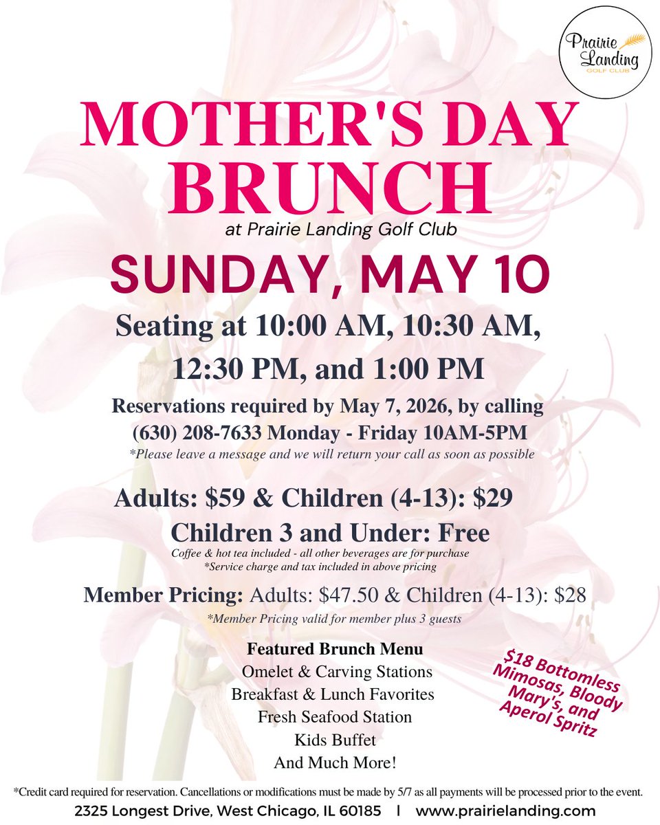 Mother's Day will be here before you know it! Now taking early Mother's Day Brunch reservations. Call (630) 208-7633 before 5/7/2026.
prairielanding.com/event/mothers-…
#mothersday #mothersdaybrunch #prairielanding #prairielandinggolfclub