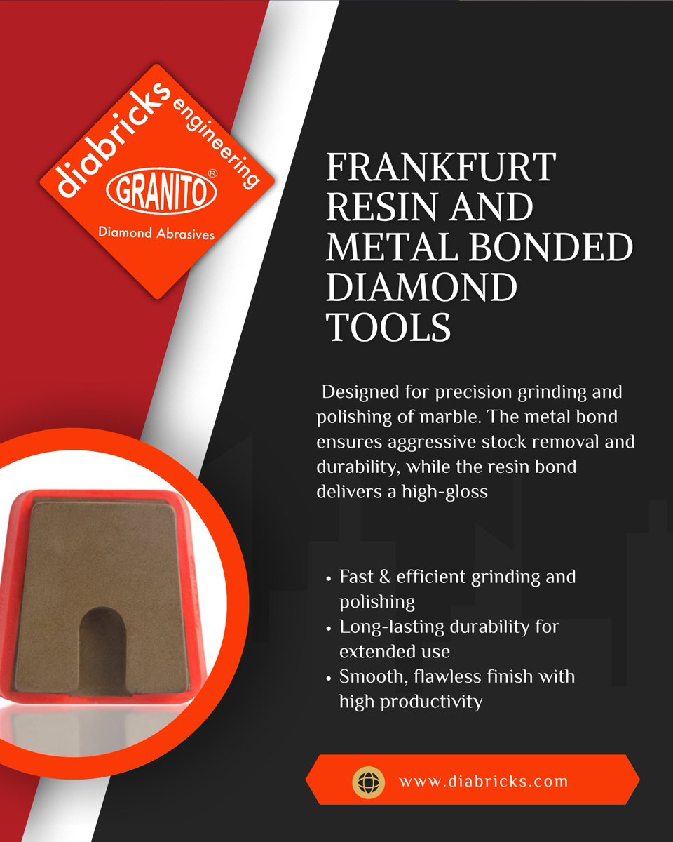 diabricks's tweet photo. Frankfurt Resin &amp; Metal Bonded Diamond Tools

Achieve superior precision with high-performance diamond tools designed for marble grinding and polishing.
https://t.co/WzCQd8n9AR
#DiamondTools #FrankfurtTools #StonePolishing #GraniteTools #StoneIndustry #Abrasives #Diabricks https://t.co/HB6RTyYsfZ