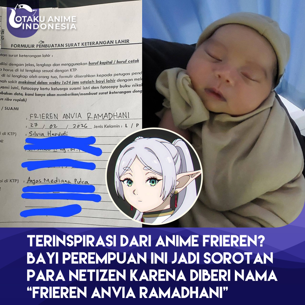 Otaku_Anime_Ind's tweet photo. Pengguna Facebook Anjas Mediana Putra baru-baru ini menjadi sorotan netizen di grup 'Menjadi Bapak-Bapak: Bagian Pengantar - Revisi 2' karena merayakan kelahiran putri tercintanya dengan nama yang unik: Frieren Anvia Ramadhani.

Nama yang terinspirasi dari serial Sousou no Frieren tersebut langsung menjadi perhatian netizen. Semoga nama tersebut membawa berkah, kebijaksanaan, dan keberanian dalam menjalani petualangan hidup ke depannya.