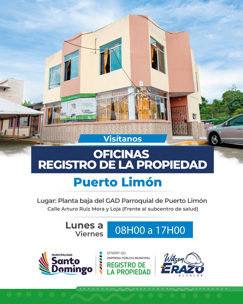 RPropiedadSD's tweet photo. 🟢El Registro de la Propiedad tiene oficina en Puerto Limón.

Veci, te recordamos que contamos con una oficina en la parroquia Puerto Limón, donde puedes realizar tus trámites de forma ágil, segura y con atención personalizada. https://t.co/E1osZa8XZv