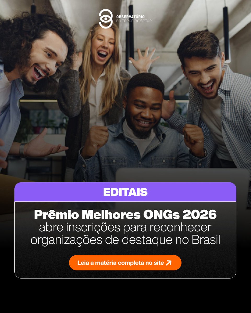 Estão abertas as inscrições para o Prêmio Melhores ONGs 2026.A iniciativa reconhece organizações que se destacam pela gestão, transparência e impacto social.
📷 Inscrições até 15 de maio.

📷Saiba mais no site do Observatório!

#TerceiroSetor #ONGs #ImpactoSocial
