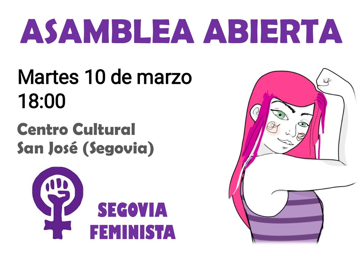 Mañana martes a las 18:00, asamblea abierta de Segovia Feminista.
💪Juntas somos más fuertes 👭👭👭