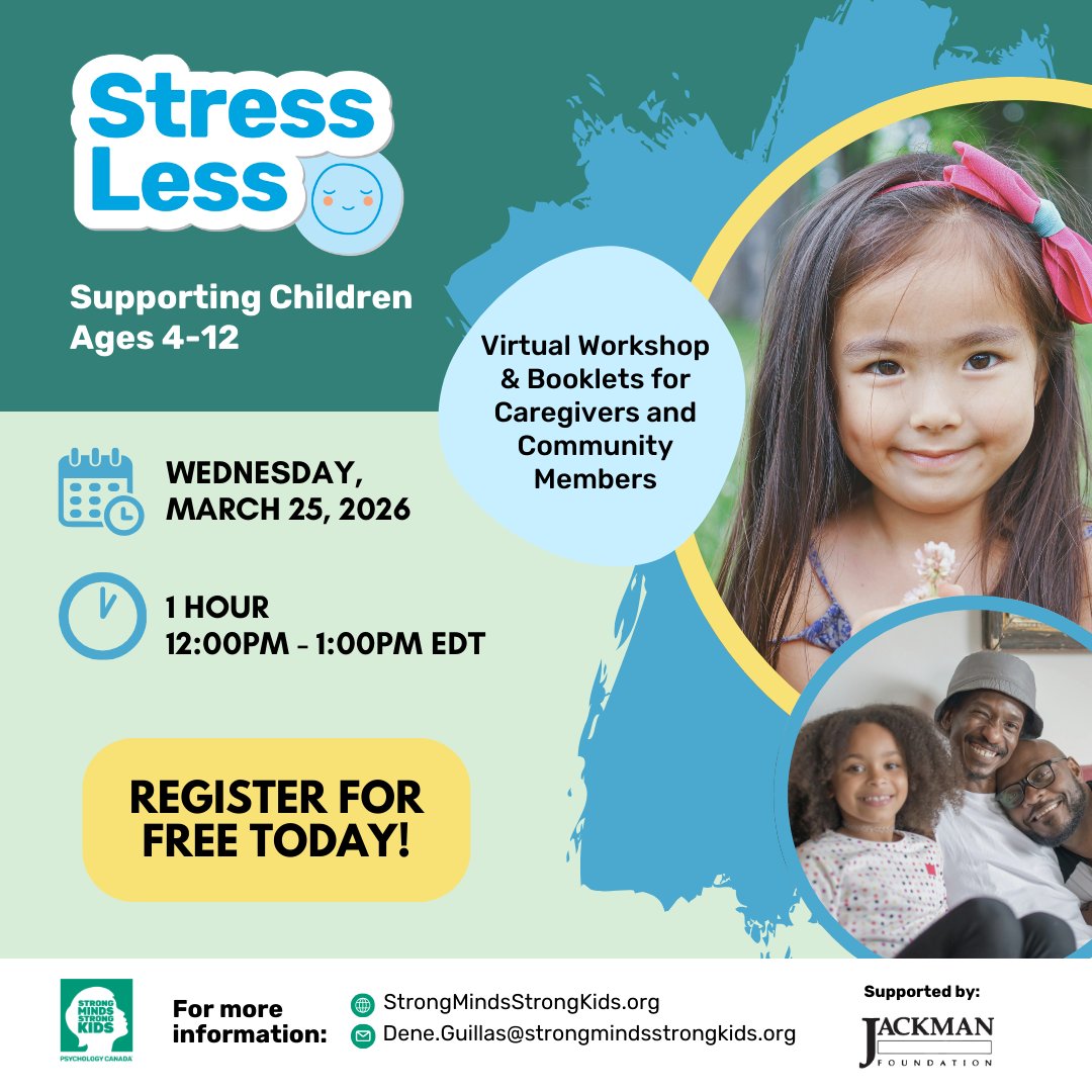 StrongMindsCda's tweet image. Join us on March 25, 2026, for a virtual StressLess Workshop for supporting kids ages 4-12!
Cost: Free – thanks to the generous support of the Jackman Foundation
Register today to help a kid StressLess! bit.ly/4dhsOjE

#StressLess #MentalHealthMatters #Wellbeing