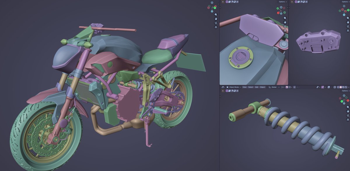 added rear suspension, cap assy, meter assy

#b3d #blender #3dart #3dmodeling