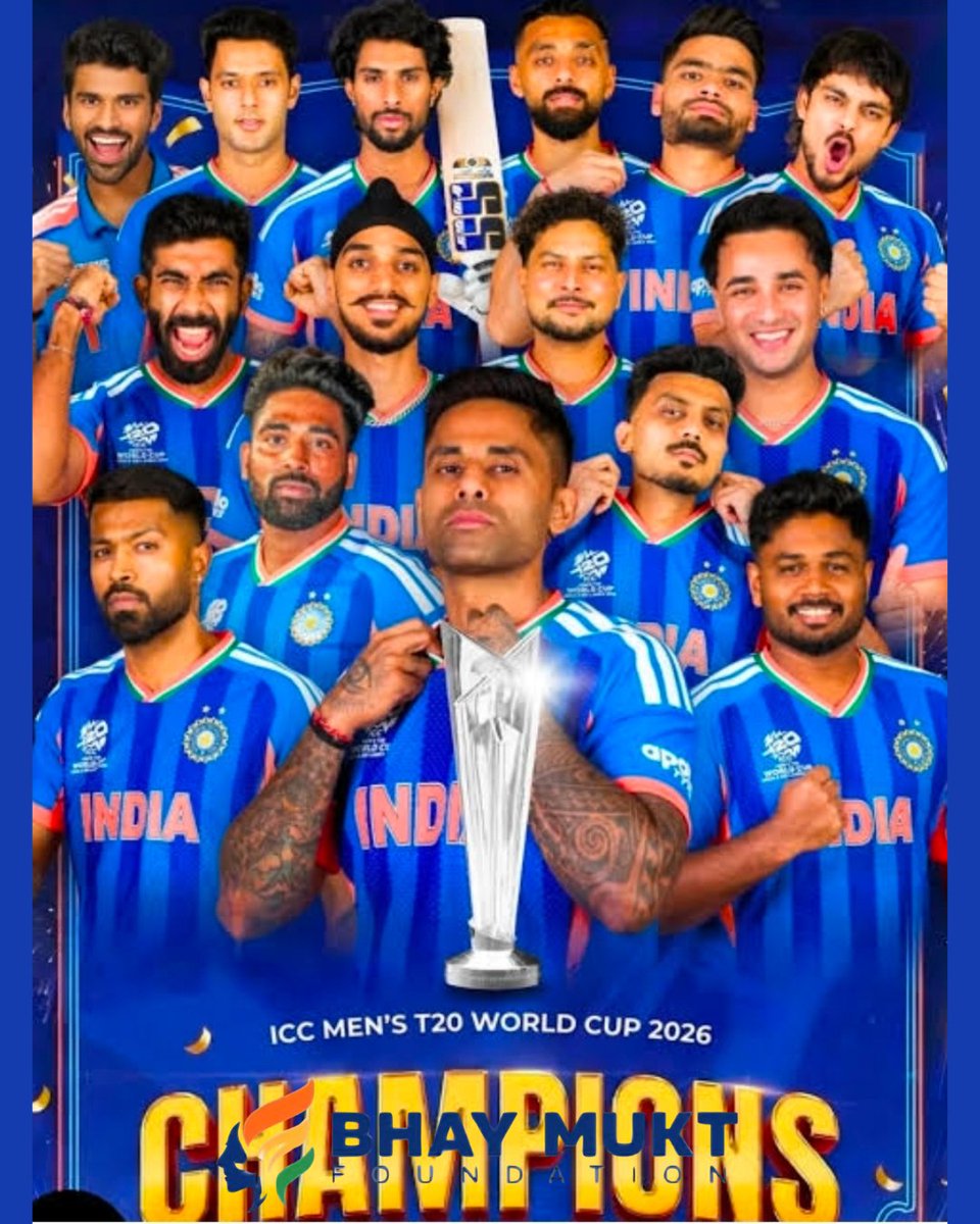 INDIA = T20 WORLD CUP CHAMPIONS 🇮🇳🏆

Fearless cricket.

Fearless nation.

Let’s make India BhayMukt. 💪

#T20WorldCup #TeamIndia #FearlessIndia #Champions <a href="/BCCI/">BCCI</a> <a href="/ICC/">ICC</a> <a href="/T20WorldCup/">T20 World Cup</a> #Ahmedabad