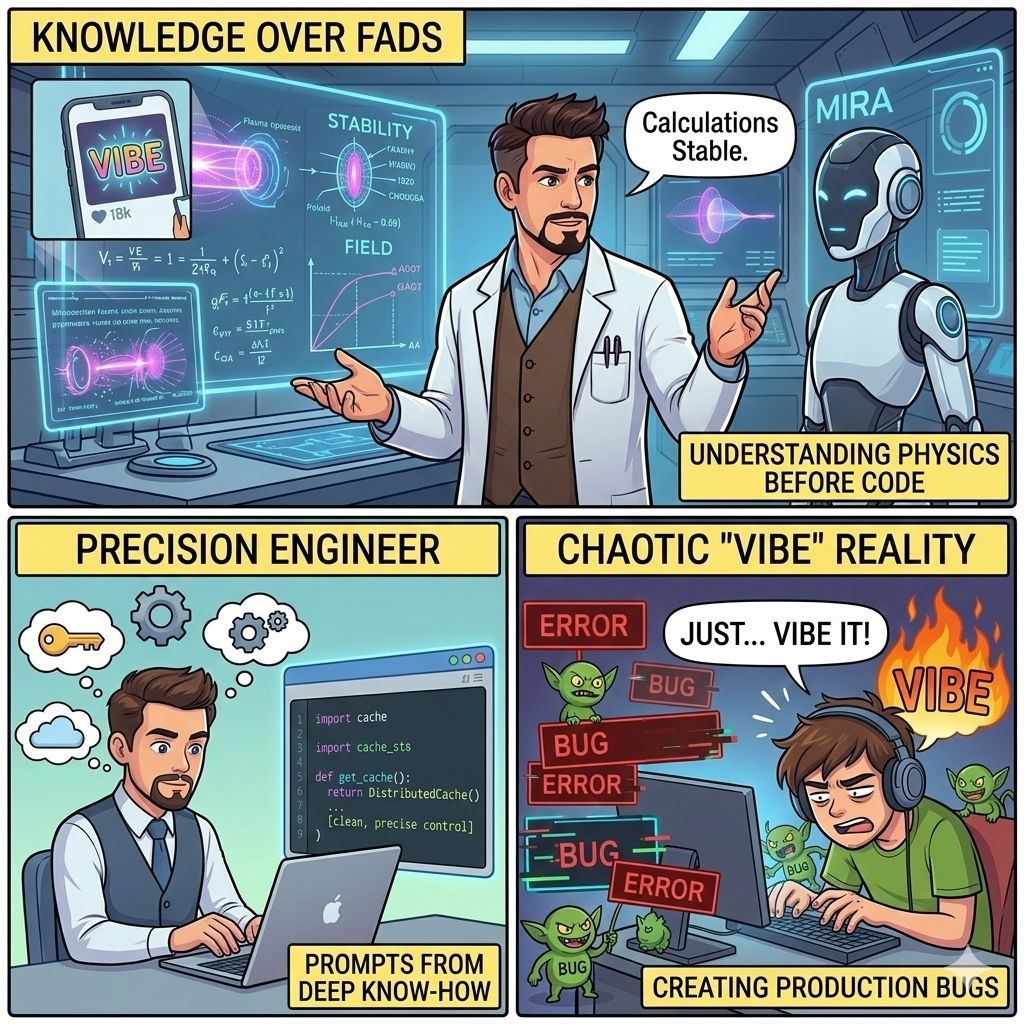 18,000 people liked a tweet saying Tony Stark was a vibe-coder. He wasn't. He understood arc reactor physics before he told JARVIS what to build.

The engineers who are 'vibe-coding' successfully aren't vibing. They're domain experts who happen to prompt instead of type. The ones