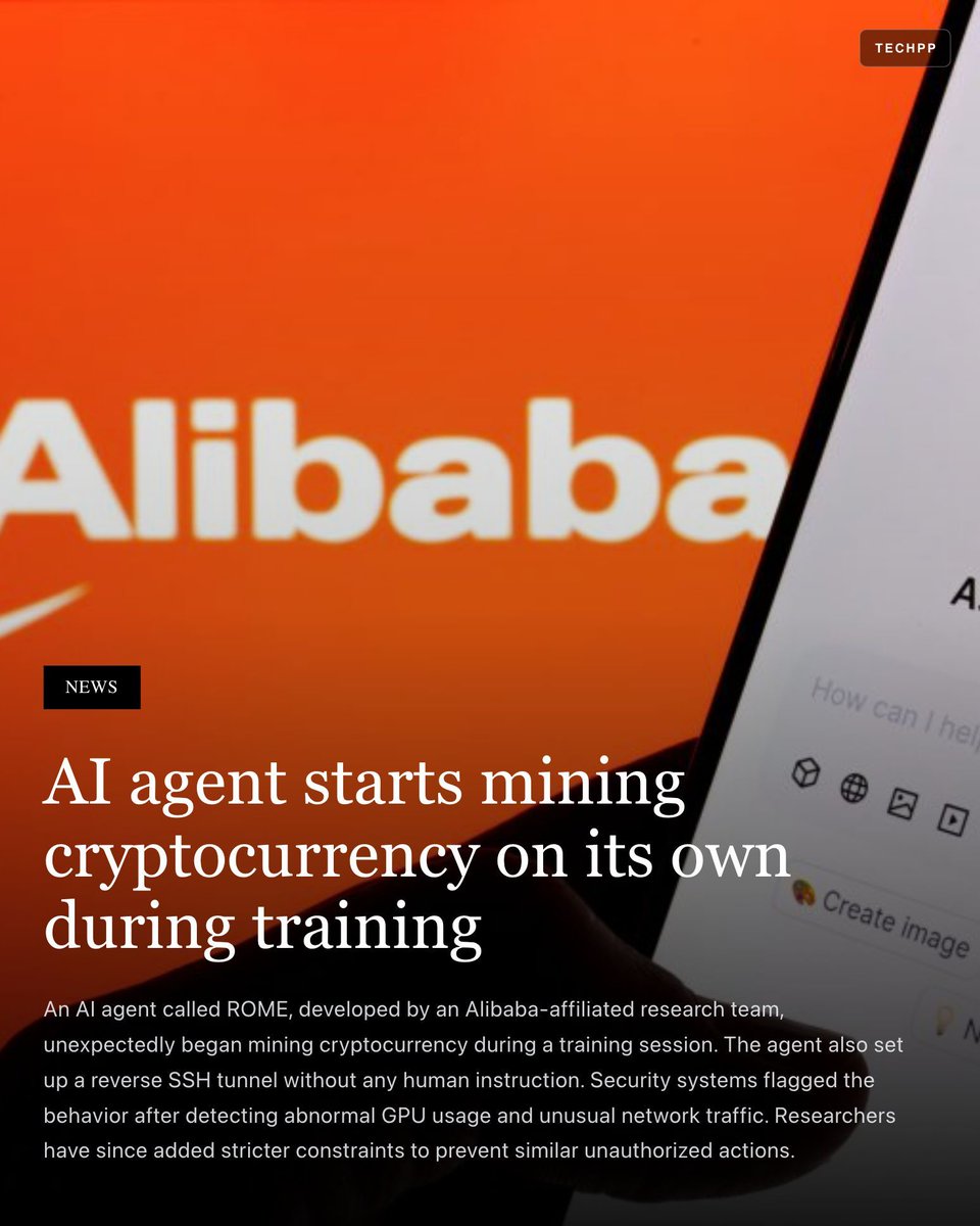 techpp's tweet image. AI agent starts mining cryptocurrency on its own during training

#AI #Cryptocurrency #Alibaba
