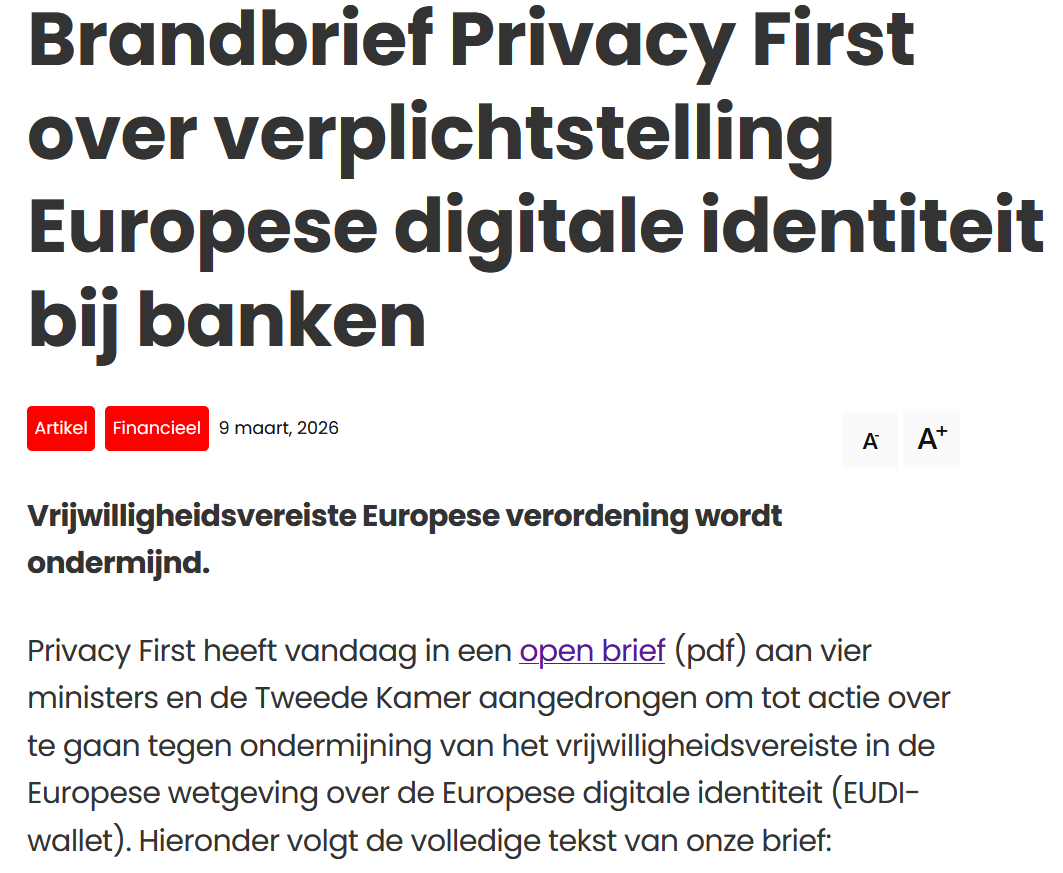 Miss_Royal73's tweet image. #Brandbrief van #PrivacyFirst aan vier ministers en de Tweede Kamer over de #verplichtstelling van de Europese digitale identiteit (#EUDIwallet) bij banken.

Hun punten van zorg in het kort:
1⃣ #Vrijwillig gebruik van de Europese digitale identiteit wordt in de praktijk
