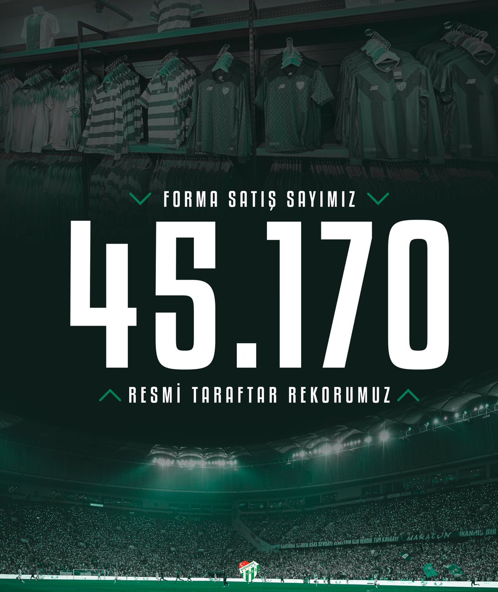 Forma satış sayımız, resmi taraftar rekorumuz olan 45.170’e ulaştı. 💚🤍

Teşekkürler Büyük Bursaspor Ailesi, birlikte çok güçlüyüz! 🤜🤛