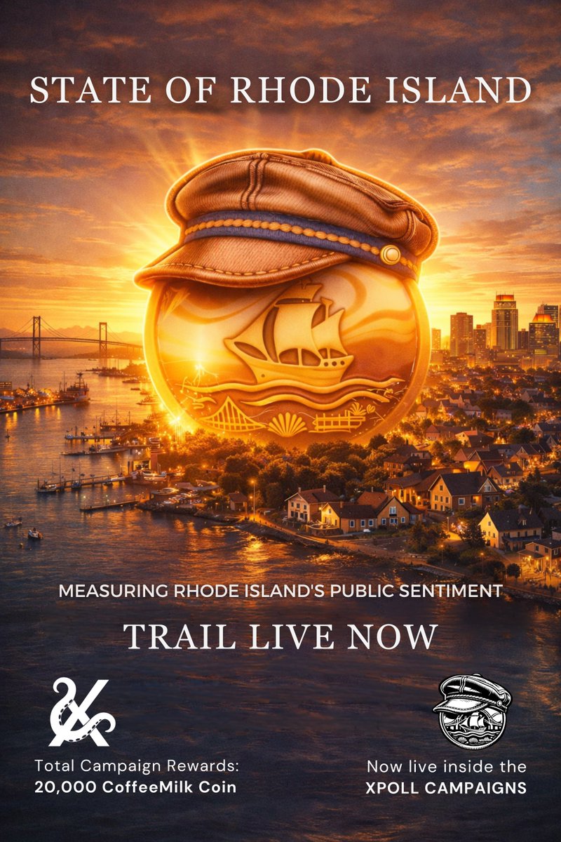 xpollplatform's tweet photo. The State of Rhode Island trail is live, and the public signal around the Ocean State is starting to light up.

From waterfront communities to statewide sentiment, this campaign turns local voice into something bigger to watch.

Join the trail now: https://t.co/tzRxsYYDm7

#XPOLL #RhodeIsland #PublicSentiment #StateOfRhodeIsland #CoffeeMilkCoin