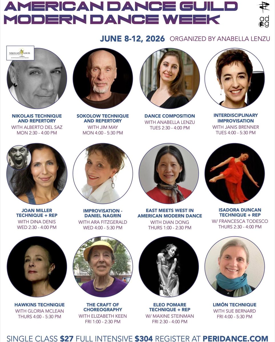 ADG Modern Dance Intensive!
🌟 2026 ADG Modern Dance Intensive
📍 Peridance Center, NYC 
🗓️ June 8–12, 2026
🎟️ 12 Classes | 5 Days of Inspiration
Register here: americandanceguild.org/2026-modern-da…