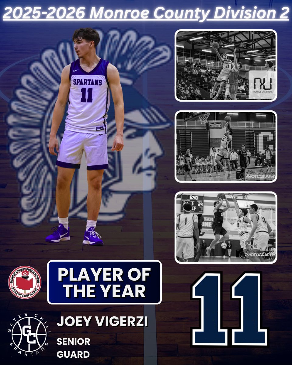 Congratulations to Senior Guard, Joey V., the Monroe County Division 2 Player of the Year for 2025-2026.  #gcpride #bleedblue
