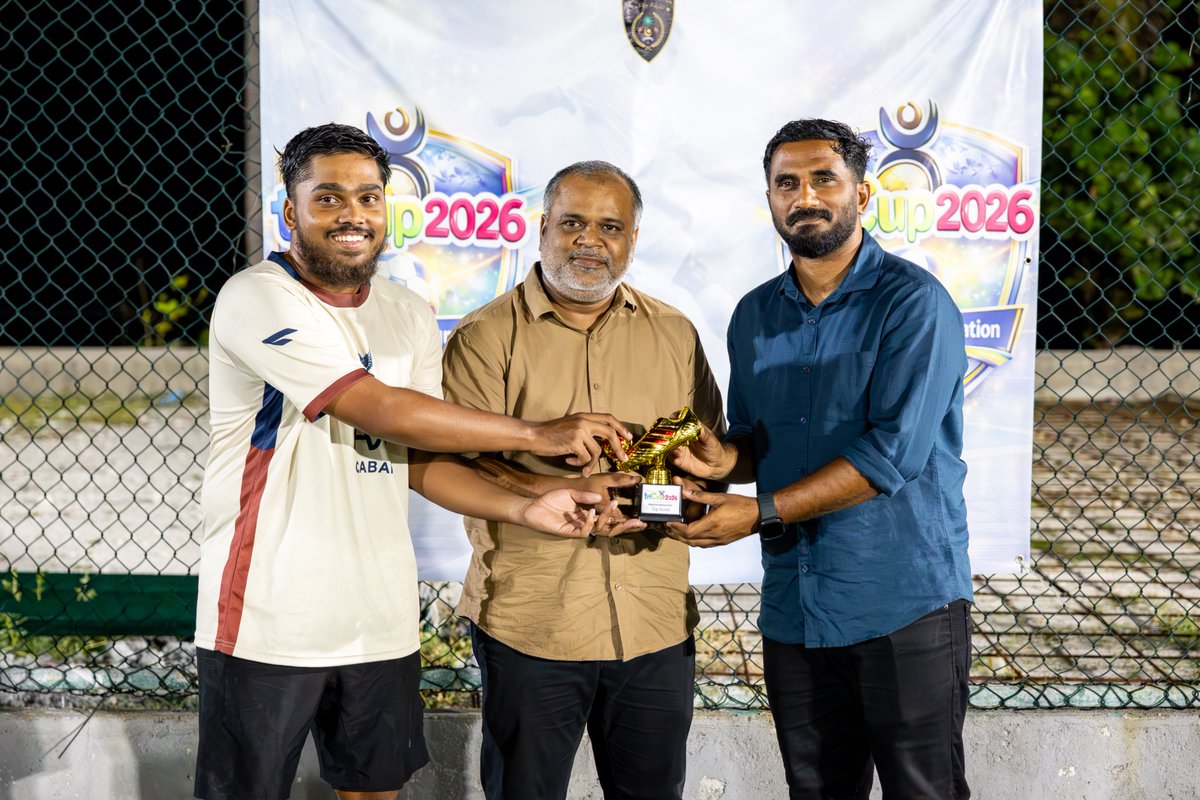 ImmigrationMV's tweet photo. The Controller General of Immigration, CP (Retd) Ahmed Faseeh, and Deputy Controller Ahmed Ashfan attended the Airports TriCup 2026, organized annually by the Airport Division during Ramadan, which concluded last night. The tournament was won by the Seaport Division after a compelling match against Airport Batch A, which ended in a penalty shootout.