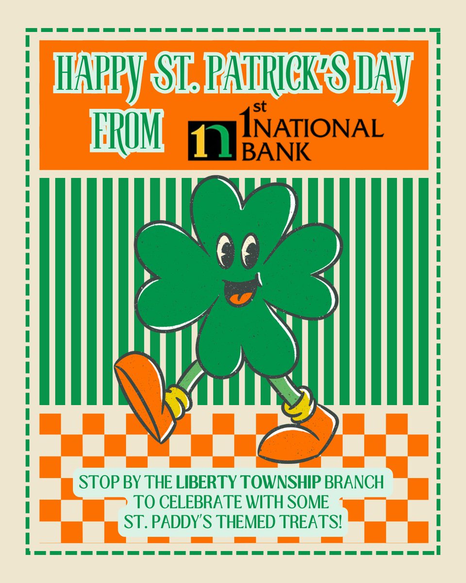 1NB's tweet photo. Happy St. Patrick’s Day from 1st National Bank! 🍀
Stop by our Liberty Township Branch to celebrate with some St. Paddy’s themed treats!
#StPatricksDay #LibertyTownship #BankWith1st https://t.co/04IHZ2TA1Q