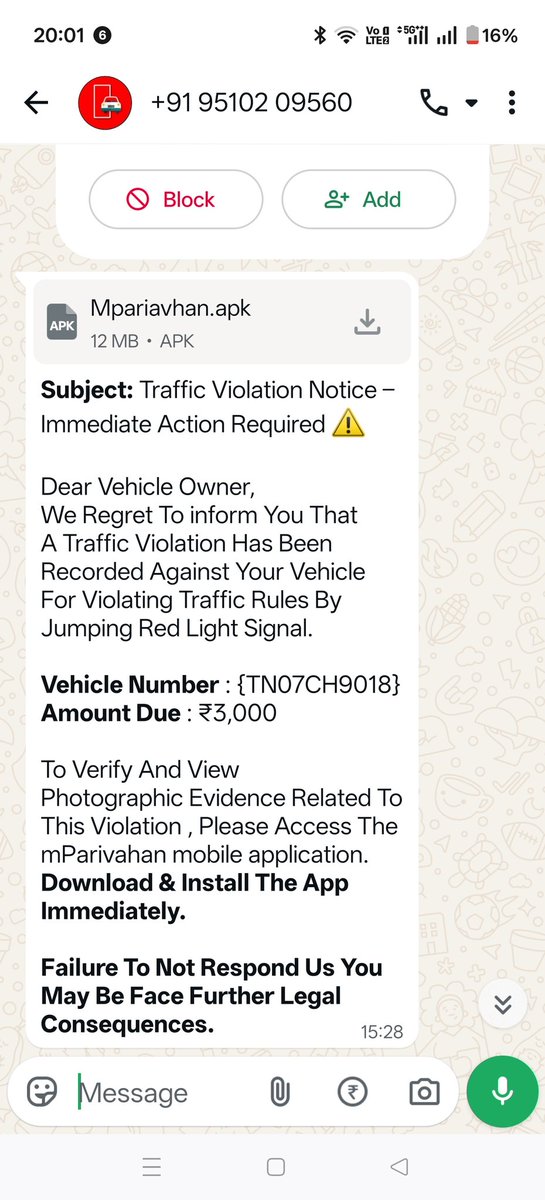 _satheesh_'s tweet photo. I received a @WhatsApp message with an unknown APK file. I have attached the information of the number. Pls take action.

Insta ID : oye__medajii_002
@tncybercrimeoff https://t.co/vtZvIyQU0k