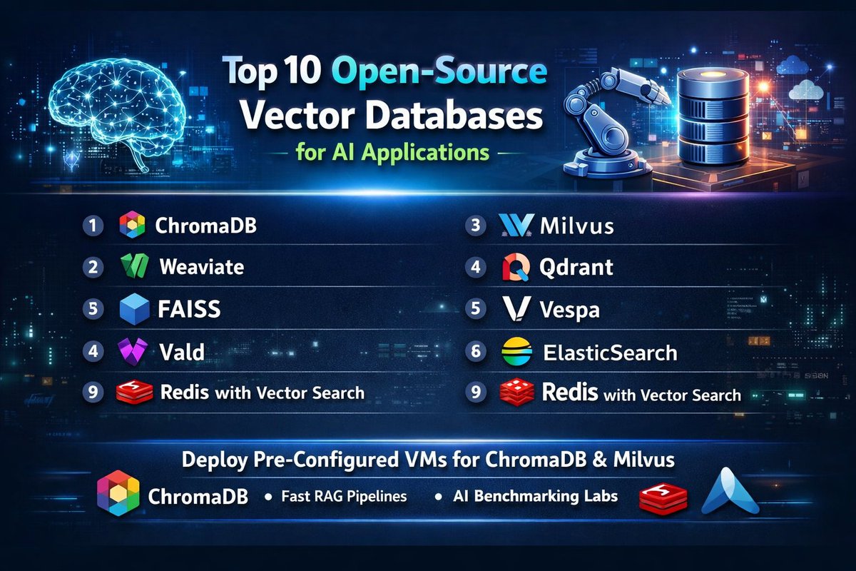 TechlatestNet's tweet photo. Top 10 Open-Source Vector Databases for AI Applications

#AI #VectorDatabase #MachineLearning #RAG #LLM #GenerativeAI #ChromaDB #Milvus https://t.co/H5bqVemRW5