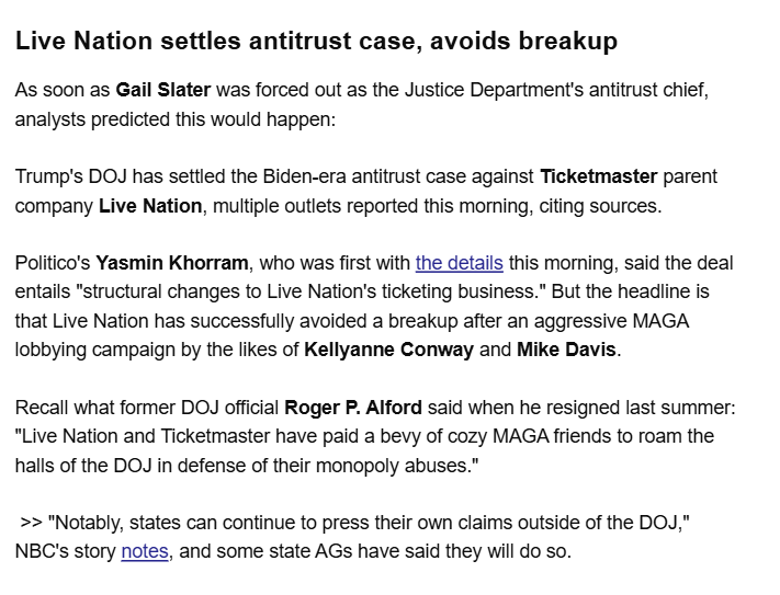 POLITICOPress's tweet photo. Great to see @YasminKhorram's scoop featured in @brianstelter's @ReliableSources newsletter👀

She broke the news that Live Nation settled its antitrust case with the DOJ - structural changes to its ticketing business and a $200M payout to states👇
https://t.co/QSSYxxNo6c https://t.co/K8bCzzIf9s