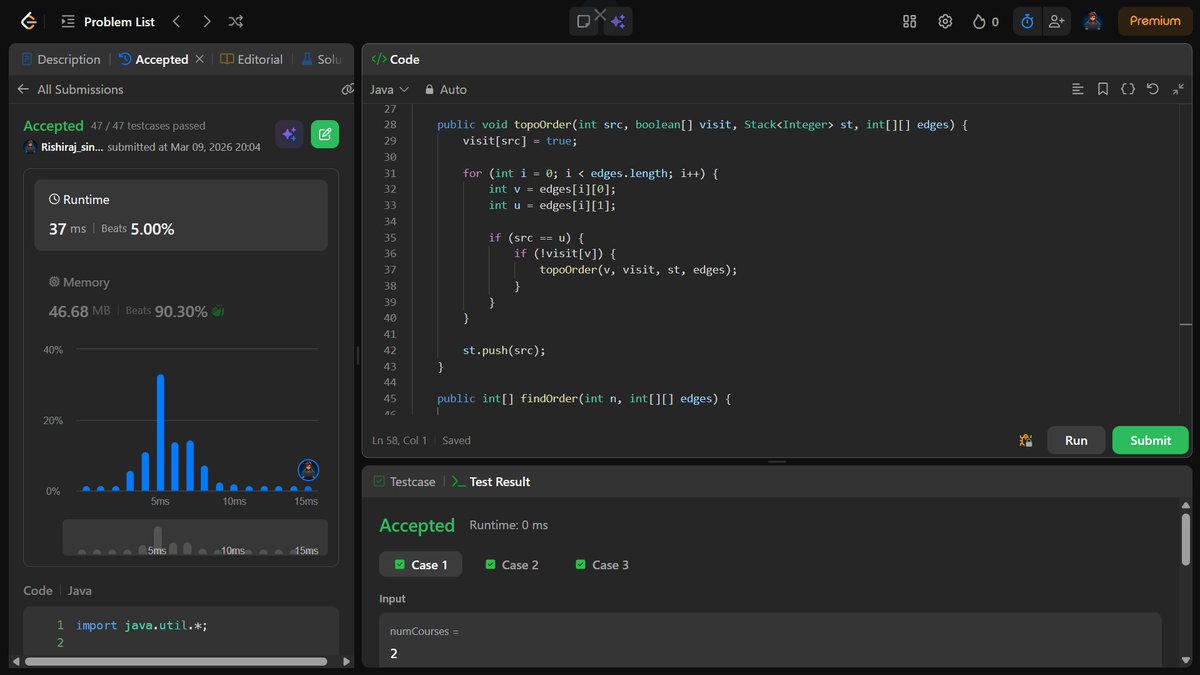 RishirajSingh_X's tweet photo. Day 129 of #100DaysOfCode ✅
Solved LeetCode #210: Course Schedule II 🧠
Used Topological Sorting with DFS to determine course order 📚
Strengthened understanding of DAG and graph ordering 💪
#LeetCode #DSA #Graphs #TopologicalSort #CodingJourney https://t.co/TKJlM8DWQI