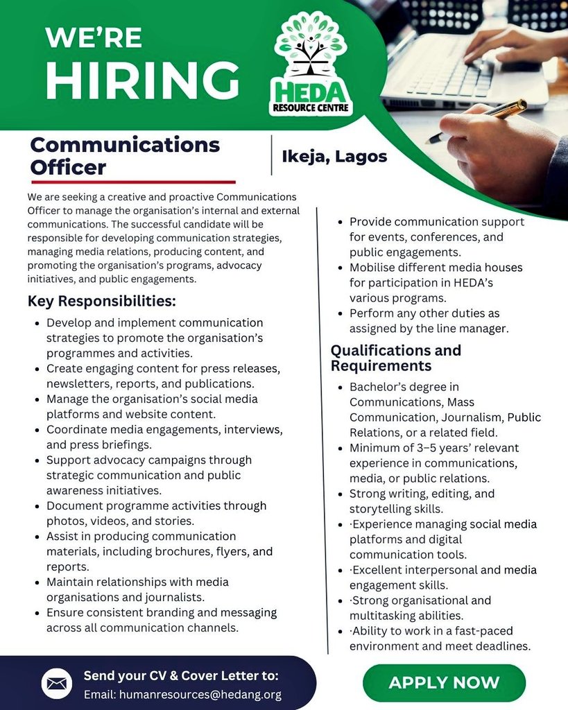 HEDAgenda's tweet photo. 📢 We Are Hiring !!!

Are you passionate about promoting transparency, accountability, and good governance in Nigeria? 

This is your opportunity to join a dynamic team driving impactful advocacy and policy reforms. 

HEDA Resource Centre is currently recruiting qualified and motivated professionals to fill the following positions:

• Programmes Manager
• Communication Officer
• Monitoring, Evaluation, Accountability, and Learning (MEAL) Officer
• Legal Officer

If you have the expertise, commitment, and passion to contribute to meaningful social impact, we encourage you to apply, let's hear from you. 

📩 Kindly send your application to humanresources@hedang.org  

#WeAreHiring #NGOJobs #DevelopmentJobs #Accountability #GoodGovernance #HEDA #CareerOpportunity