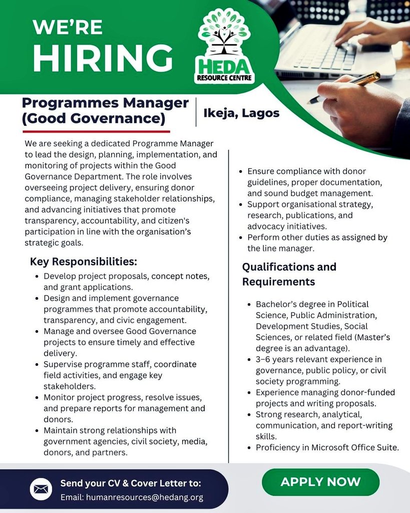 HEDAgenda's tweet photo. 📢 We Are Hiring !!!

Are you passionate about promoting transparency, accountability, and good governance in Nigeria? 

This is your opportunity to join a dynamic team driving impactful advocacy and policy reforms. 

HEDA Resource Centre is currently recruiting qualified and motivated professionals to fill the following positions:

• Programmes Manager
• Communication Officer
• Monitoring, Evaluation, Accountability, and Learning (MEAL) Officer
• Legal Officer

If you have the expertise, commitment, and passion to contribute to meaningful social impact, we encourage you to apply, let's hear from you. 

📩 Kindly send your application to humanresources@hedang.org  

#WeAreHiring #NGOJobs #DevelopmentJobs #Accountability #GoodGovernance #HEDA #CareerOpportunity