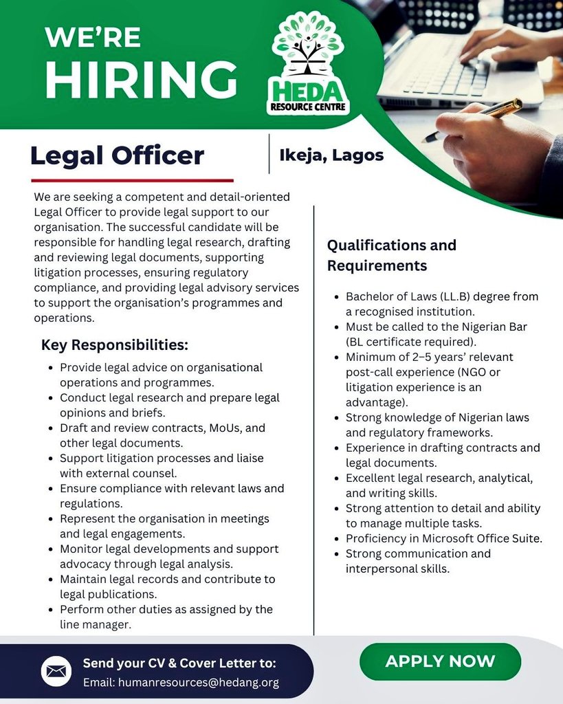 HEDAgenda's tweet photo. 📢 We Are Hiring !!!

Are you passionate about promoting transparency, accountability, and good governance in Nigeria? 

This is your opportunity to join a dynamic team driving impactful advocacy and policy reforms. 

HEDA Resource Centre is currently recruiting qualified and motivated professionals to fill the following positions:

• Programmes Manager
• Communication Officer
• Monitoring, Evaluation, Accountability, and Learning (MEAL) Officer
• Legal Officer

If you have the expertise, commitment, and passion to contribute to meaningful social impact, we encourage you to apply, let's hear from you. 

📩 Kindly send your application to humanresources@hedang.org  

#WeAreHiring #NGOJobs #DevelopmentJobs #Accountability #GoodGovernance #HEDA #CareerOpportunity