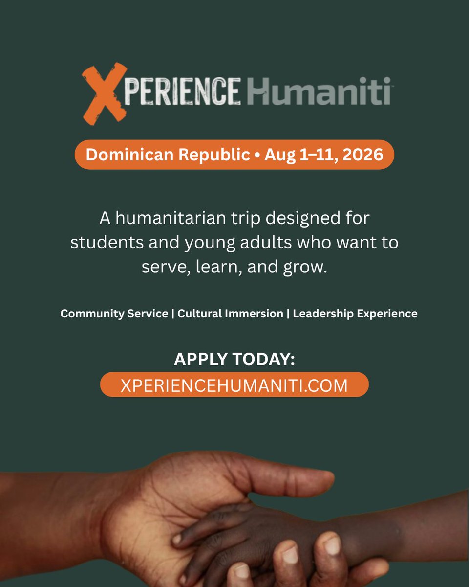 VadenEarle's tweet photo. What happens when travel meets purpose?

You serve.
You learn.
You grow.

Xperience Humaniti brings students and young adults to the Dominican Republic for a humanitarian journey focused on community service, cultural immersion, and leadership.

📍 Dominican Republic
📅 Aug 1–11, 2026

Limited spots available.
Apply today: https://t.co/OUK8xWk52V