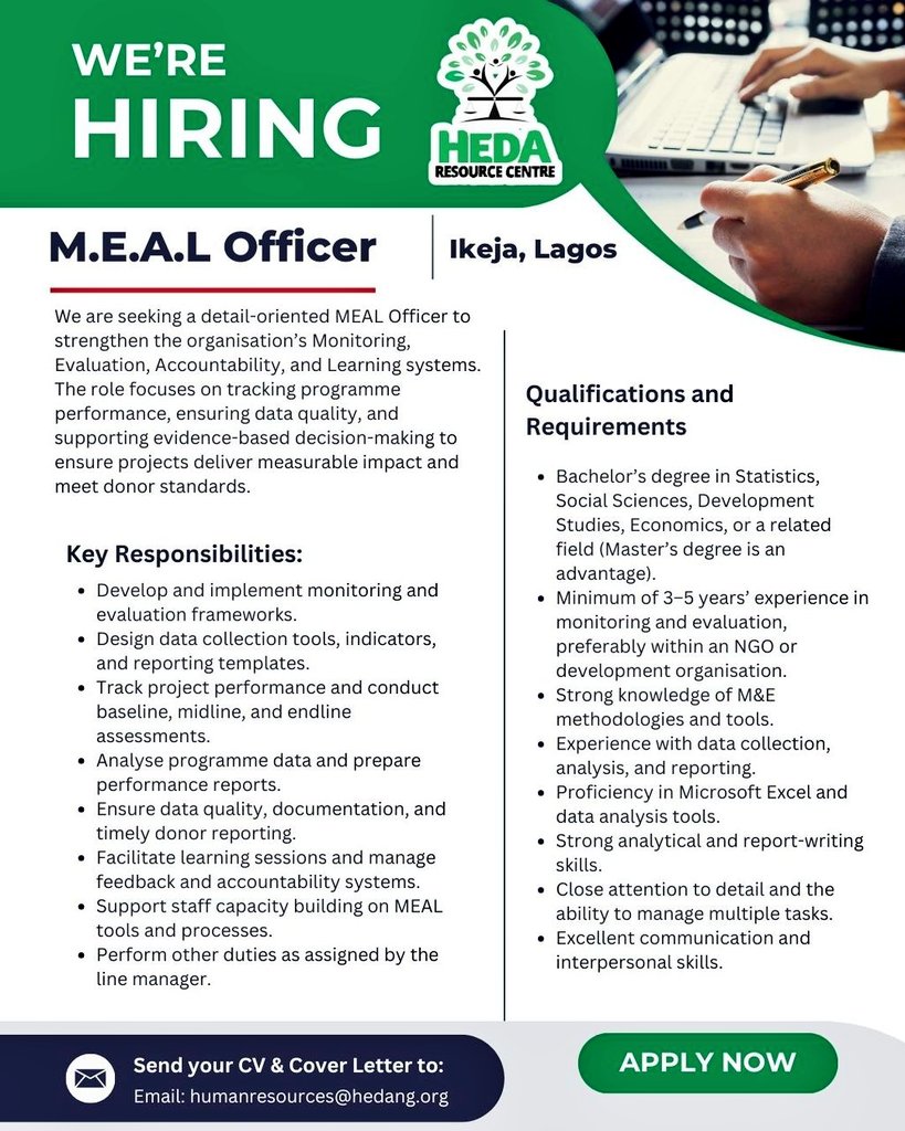 HEDAgenda's tweet photo. 📢 We Are Hiring !!!

Are you passionate about promoting transparency, accountability, and good governance in Nigeria? 

This is your opportunity to join a dynamic team driving impactful advocacy and policy reforms. 

HEDA Resource Centre is currently recruiting qualified and motivated professionals to fill the following positions:

• Programmes Manager
• Communication Officer
• Monitoring, Evaluation, Accountability, and Learning (MEAL) Officer
• Legal Officer

If you have the expertise, commitment, and passion to contribute to meaningful social impact, we encourage you to apply, let's hear from you. 

📩 Kindly send your application to humanresources@hedang.org  

#WeAreHiring #NGOJobs #DevelopmentJobs #Accountability #GoodGovernance #HEDA #CareerOpportunity
