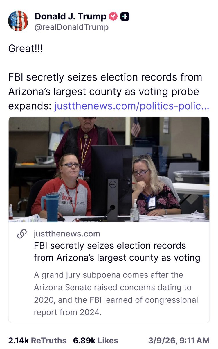 Pesky Q proof for Maricopa?

3/9/26 President Trump post article about “FBI agents are receiving gigabytes of electronic election data from Maricopa County” (Arizona)

11/12/18 post 2492
ARIZONA
R Gov won by 328,000 votes.
D Sen is winning by 32,000 votes.
R Gov won Maricopa