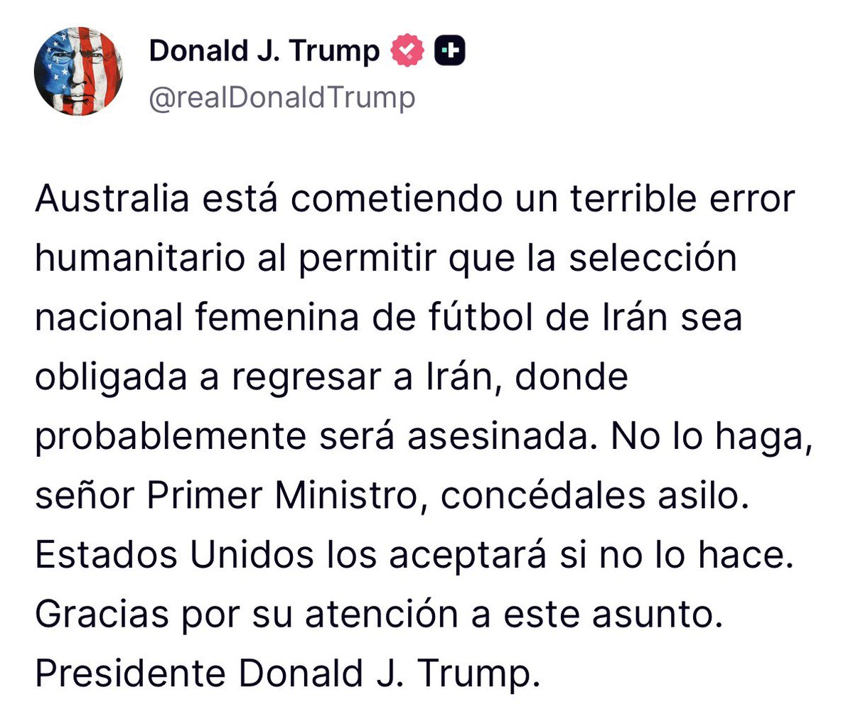 🇺🇸🇮🇷 | AHORA — El presidente Donald Trump le pide al gobierno de Australia concederle asilo a toda la selección femenina de Irán para evitar que sean condenadas a muerte.

En un valiente acto de rebeldía, se negaron a cantar el himno del régimen islámico por primera vez.