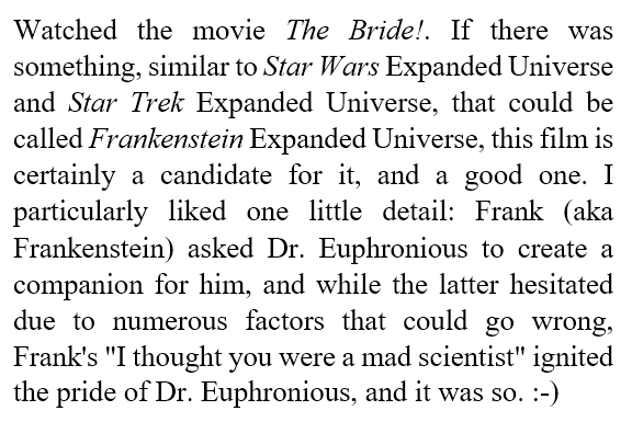 lu_changhai's tweet photo. Watched the movie The Bride!. If there was something, similar to Star Wars Expanded Universe and Star Trek Expanded Universe, that could be called Frankenstein Expanded Universe, this film is certainly a candidate for it, and a good one... https://t.co/KQRWT1BVwP