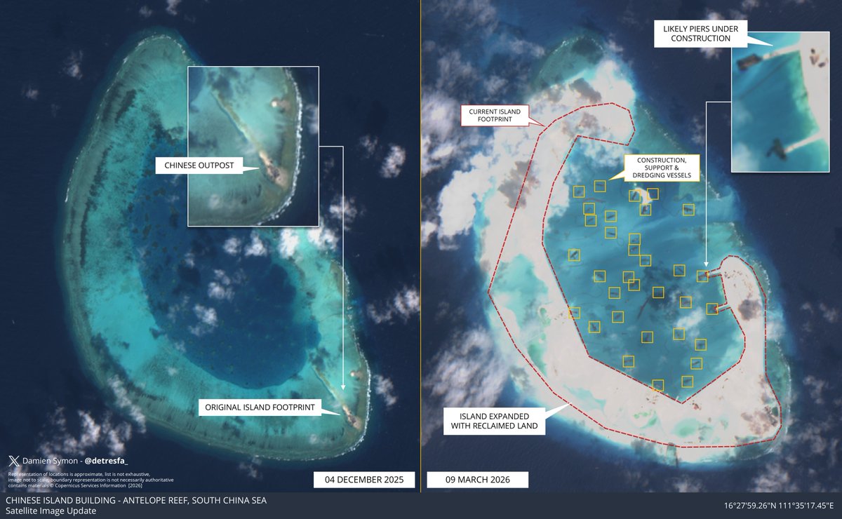 detresfa_'s tweet photo. China’s construction push at Antelope Reef in the South China Sea continues, latest imagery illustrates the scale of growth, shifting from a single Chinese outpost to development spanning the entire atoll in just three months https://t.co/plWu0uNt4a