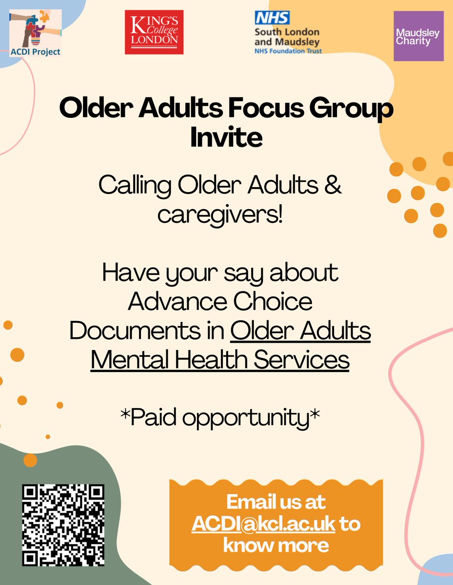 acdiresearch's tweet photo. Do you have experience of being detained under the Mental Health Act within Older Adults services? OR are you a carer/supporter of someone with this experience?   

If you would like to take part, please click the link: https://t.co/qvrhpzjvzm or scan the QR code. https://t.co/ODFawVXIFA