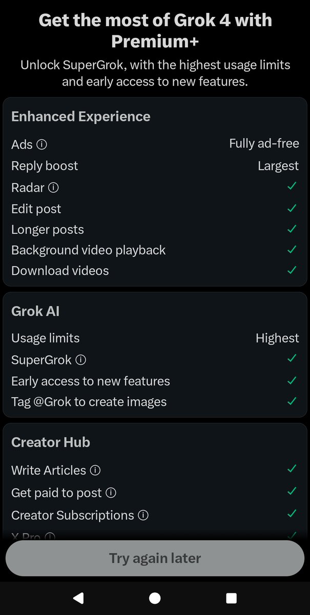 ELMN80R's tweet photo. @elonmusk I can't even buy @Grok 4 premium+ it just says "try again later" why would that be? https://t.co/KlAP3fMoRu